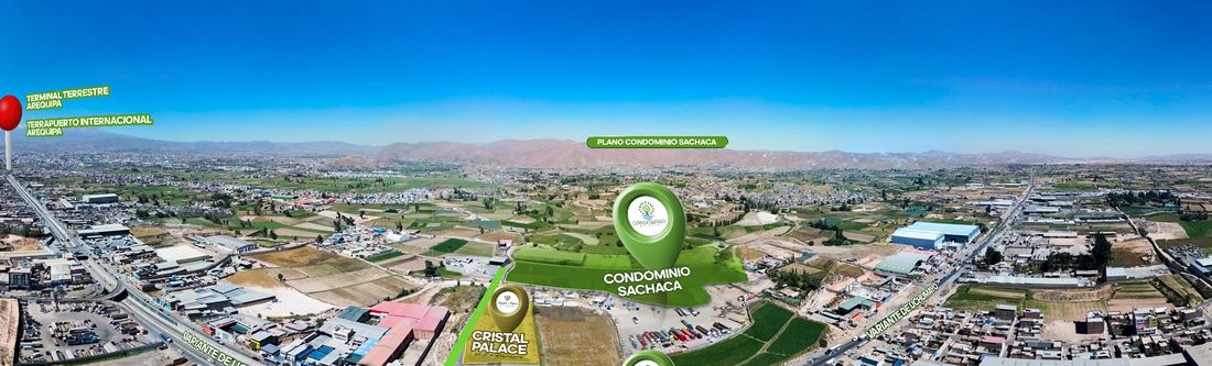 Vista aérea de Condominio Sachaca — inicio del recorrido virtual